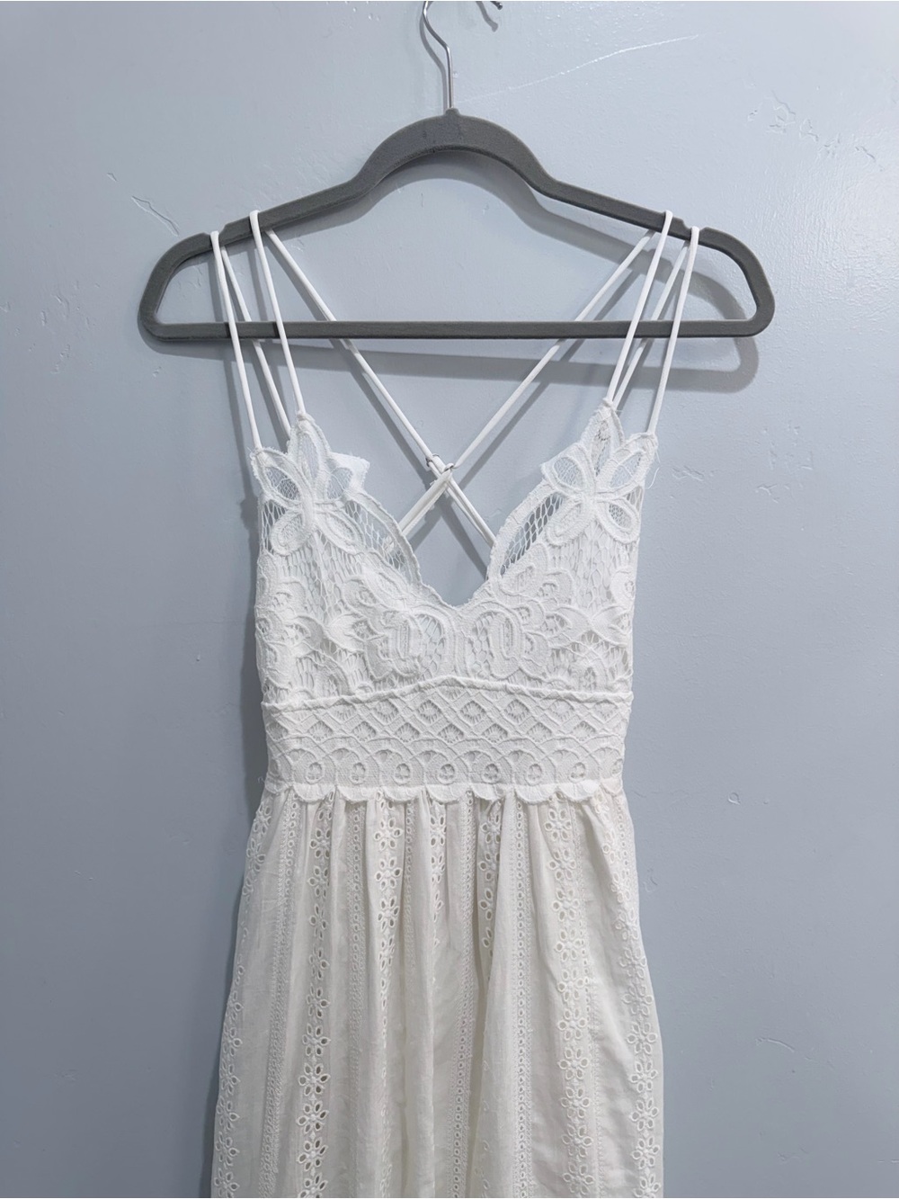 Three Bird Nest White Lace Bralette  Eyelet Maxi Dress Slit Spaghetti Strap Boho - Picture 6 of 13